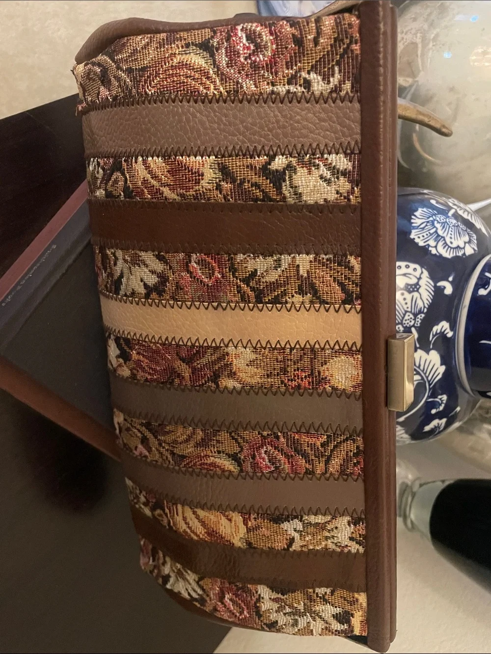 Floral Stripe Brown & Pink Large Clutch